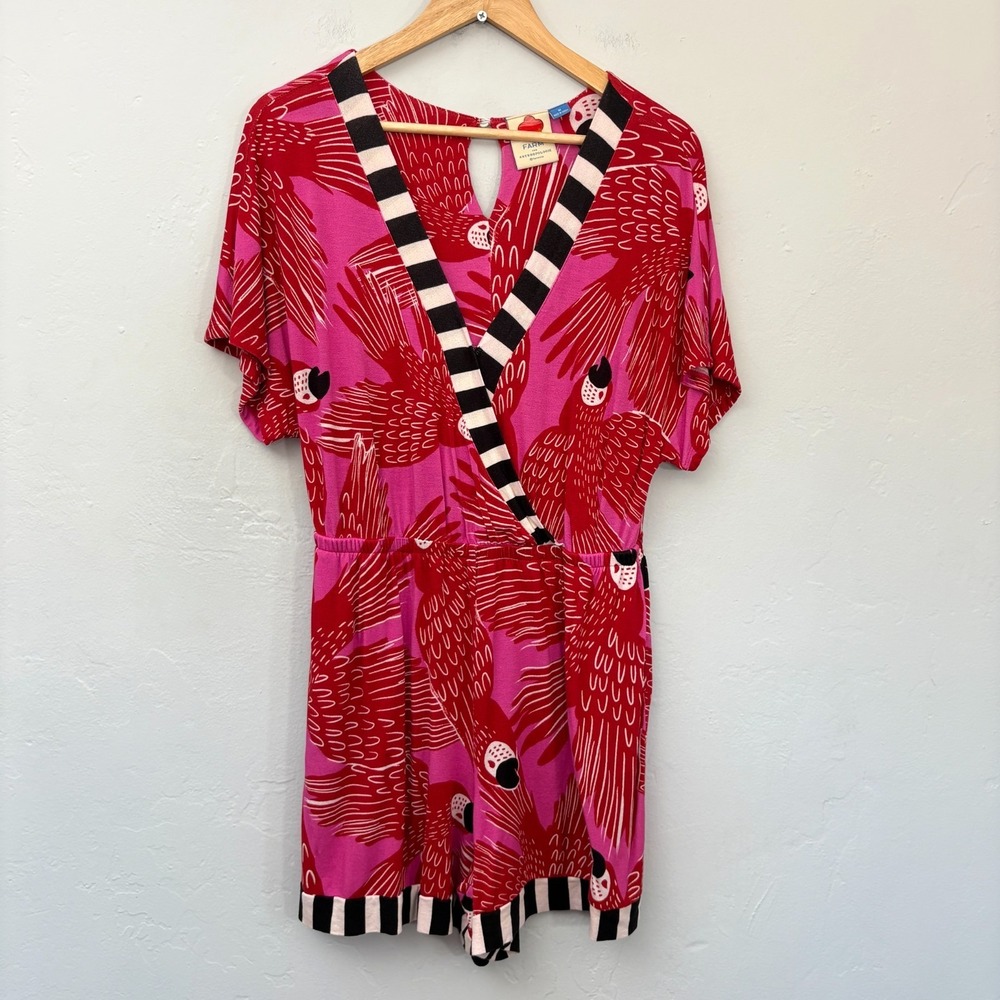 Anthropologie Farm Rio Salma Parrot Romper Women Size Medium Red Pink